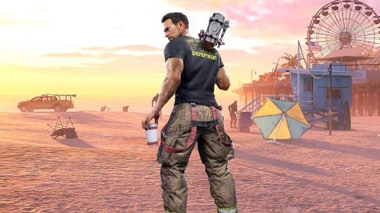 Killers of Dead Island 2: Ryan está de espaldas al espectador, mirando por encima del hombro y sosteniendo una bebida, con la playa de Los Ángeles de fondo.