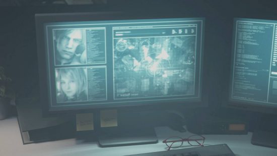 Resident Evil 4 Remake S Rank - plusieurs écrans d'ordinateur montrant des clichés de Leon et Ashley, ainsi qu'une carte radar.