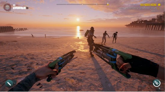 Naše tipy pro Dead Island 2 doporučují zvýšit FOV, abyste viděli více zombie, obrázek ukazuje široký pohled na pláž s několika zombiemi před vámi.
