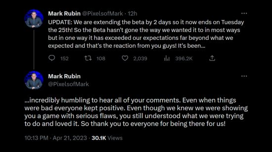 Expansión de Tom Clancy's XDefiant Beta - Tweet de Ubisoft EP Mark Rubin. "ACTUALIZACIÓN: ¡Extenderemos la versión beta por 2 días, por lo que finaliza el martes 25! Entonces, la versión beta no salió como queríamos en muchos sentidos, pero de alguna manera superó nuestras expectativas mucho más allá de lo que esperábamos y ese es el ¡Reacción de ustedes! Escuchar todos sus comentarios es una lección de humildad. Incluso cuando las cosas estaban mal, todos se mantuvieron positivos. Aunque sabíamos que les mostramos un juego con fallas graves, entendieron lo que estábamos tratando de hacer y les encantó. ¡Así que gracias a todos por estar ahí para nosotros!