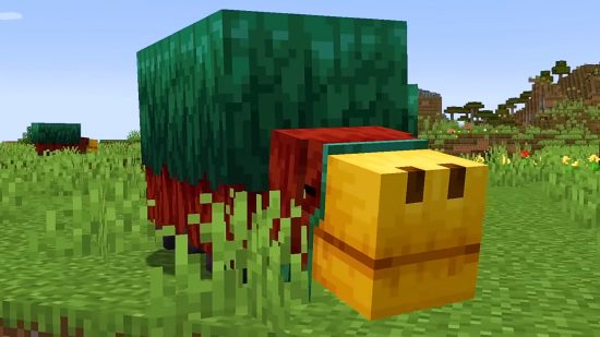 Minecraft-Update - der Schnüffler, eine Kreatur mit grünem Rücken und gelbem Mund mit großen Nasenlöchern