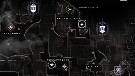 Mapa de Destiny 2 que muestra la ubicación de Xur en Watcher's Grave.