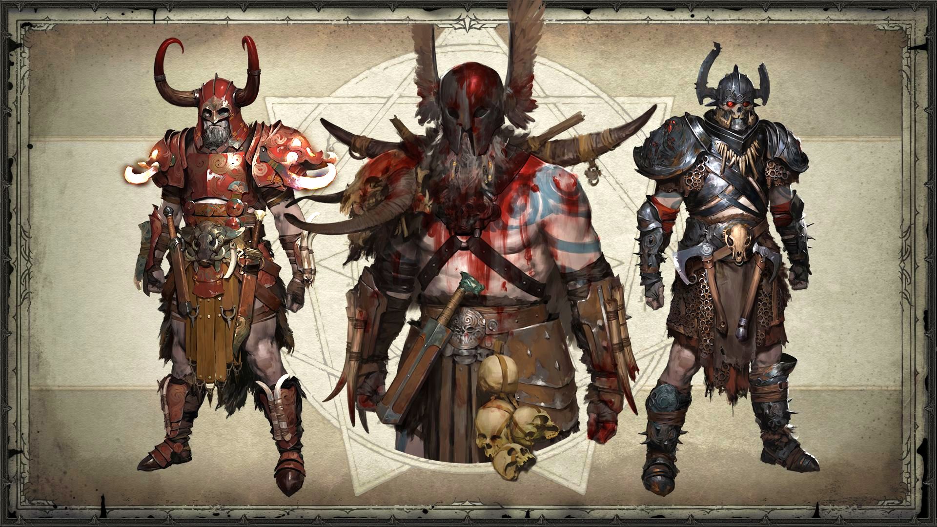 Version barbare de Diablo 4 : art conceptuel de l'armure et de l'équipement taquiné avant la version bêta de Diablo 4, allant de la cuirasse ornée aux enveloppes de cuir et aux accessoires en os.
