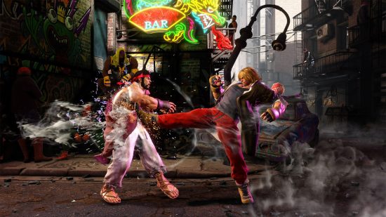 Street Fighter 6 Ken používá první kop svého komba Jinrai proti Ryu.