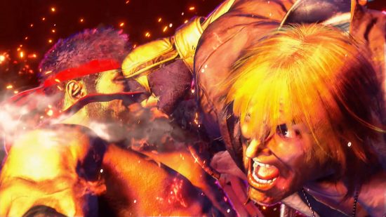 Street Fighter 6 Ken používá své super umění třetí úrovně, které na konci udeří Ryu do obličeje.