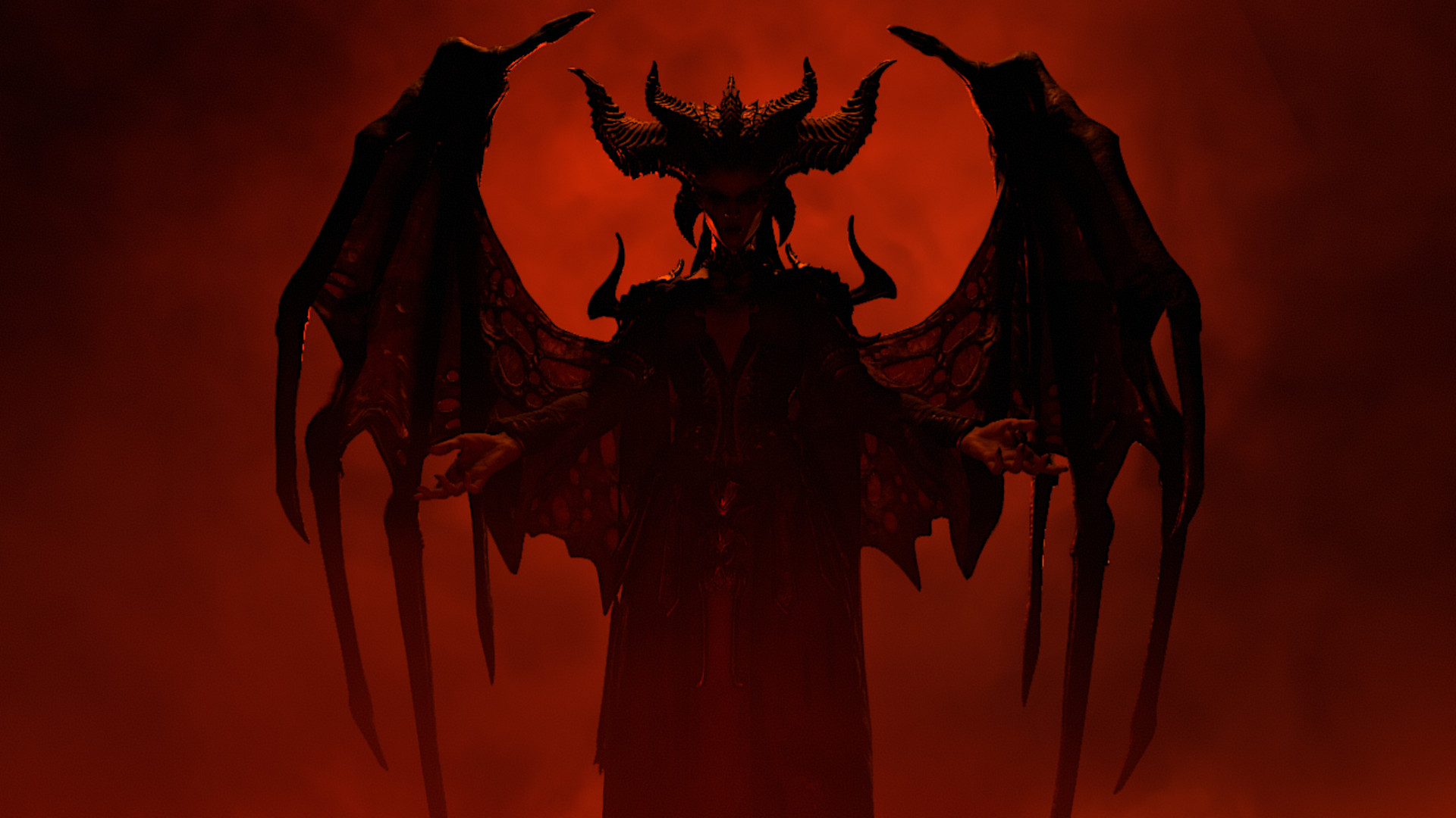 Diablo 4 Beste Einstellungen: Eine Silhouette von Lilith kontrastiert stark mit einem blutroten Hintergrund