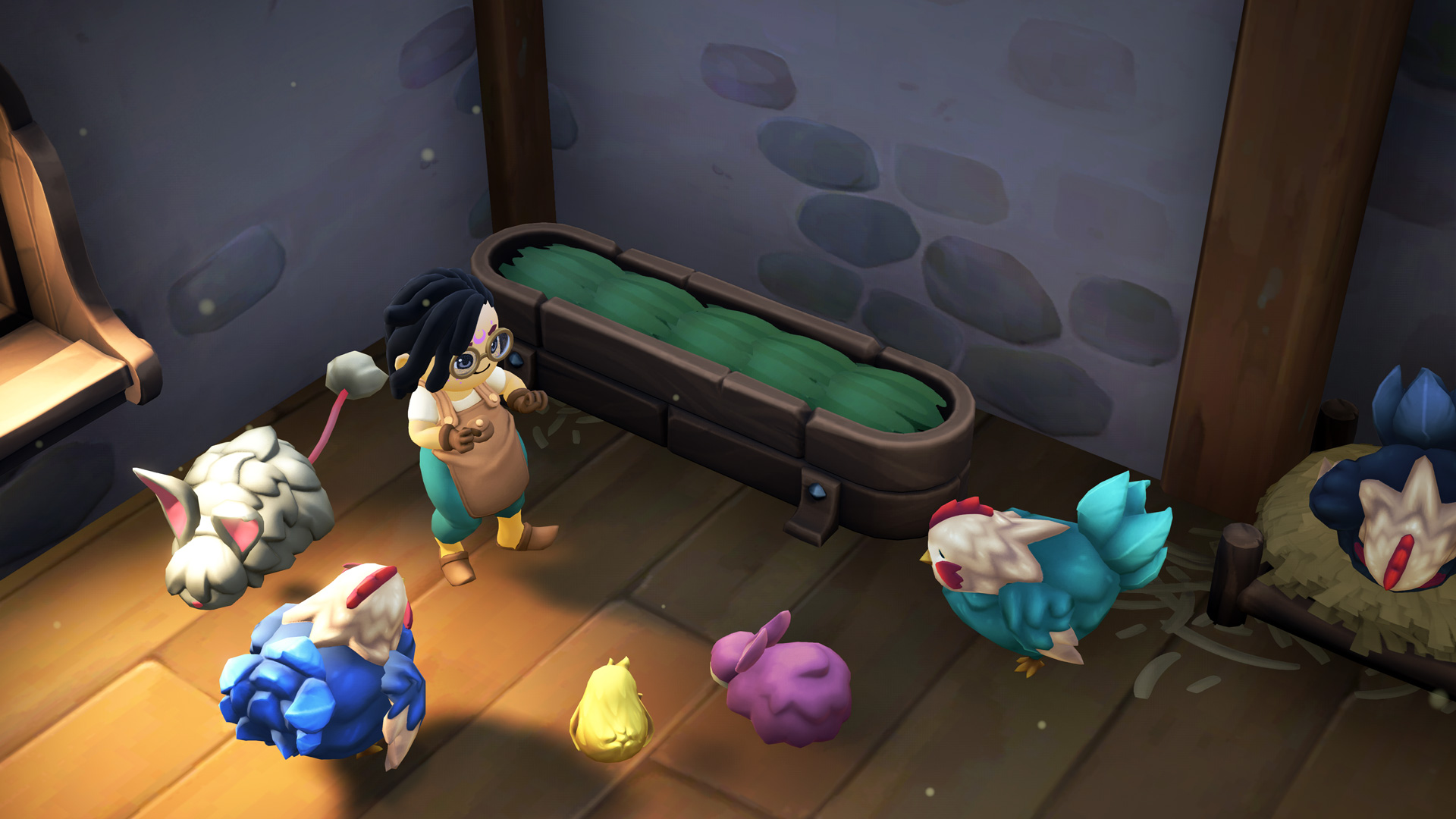 Une capture d'écran de Fae Farm illustrant l'intérieur d'une grange avec des animaux fantastiques entourant un personnage joueur