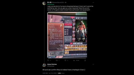 Diablo 4 Harlequin Crest - Tweet montrant une capture d'écran coréenne d'un druide portant l'objet unique, indiquant : "J'ai vu une capture d'écran de quelqu'un laissant tomber Harlequin Crest, mais cela ne peut pas être certifié comme réel.  Pouvez-vous nous donner une réponse claire ?  La version actuelle du jeu inclut-elle vraiment ces équipements particulièrement rares ?" Adam Fletcher de Blizzard répond : "Oui, ils tombent dans le jeu.  Oh et je peux confirmer qu'ils ont bien un Arlequin Crest :)"