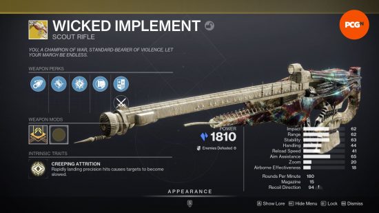 Destiny 2 Wicked Implement verfügt über beeindruckende Werte und das Scout-Gewehr ist hellbeige mit schillernden Details