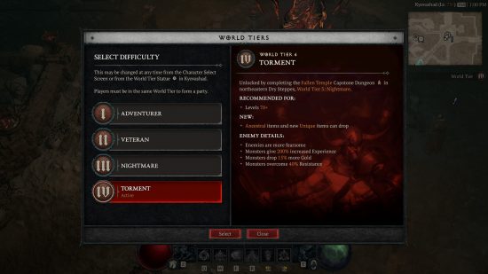 Il menu World Tier nelle versioni finali di Diablo 4