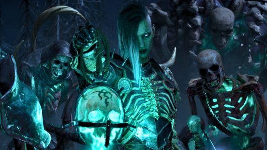 Endgültige Version von Diablo 4: Der Nekromant steht mit einem glänzenden Schädel da