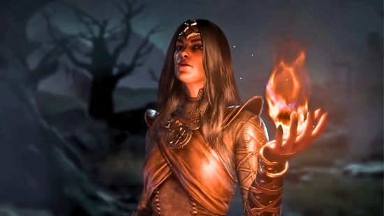 Versión final de Diablo 4: el mago está de pie con una llama en la mano, bañado en un resplandor naranja