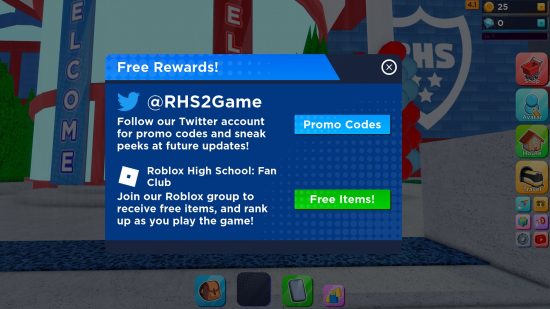 Codes Roblox High SChool 2 : un menu invitant le joueur à entrer des codes promo gratuits.