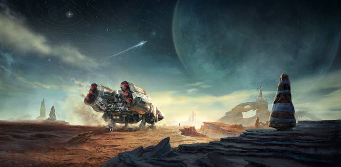 Un navire à Starfield est assis sur un affleurement poussiéreux de roches sur une planète alors que les étoiles, un navire et une lune sont suspendus au-dessus de leur tête.