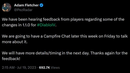 Diablo 4 Campfire Chat – komunitní manažer Adam Fletcher tweetuje: