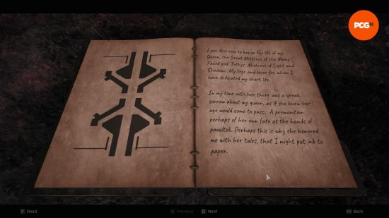 Kniha, která obsahuje jedno z hlavních vodítek k puzzle na soklu Remnant 2, zobrazující symbol na odpovídajících pohřebních přikrývkách.