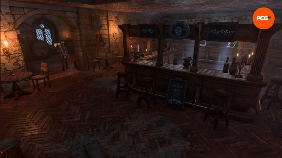 Poslední lehký hostinec Baldur's Gate 3: útulný bar uvnitř budovy osvětlené plameny.