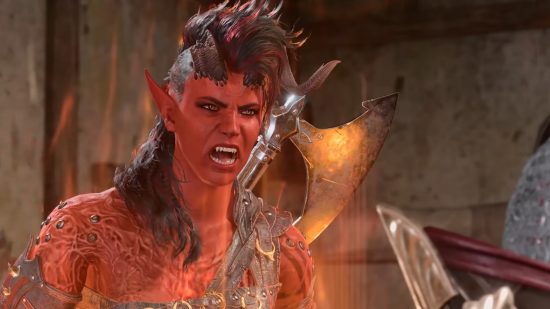 Baldur's Gate 3 Karlach mira amenazante, gritando envuelto en llamas como si estuviera enojado
