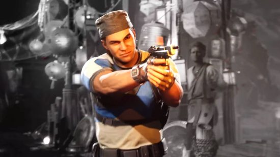 Stryker, portant sa tenue classique MK3 qui doit être l'un des éléments cosmétiques de son système d'équipement Mortal Kombat, pointe une arme sur quelqu'un hors écran.