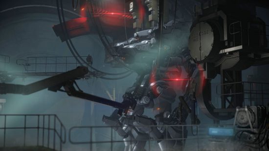 Armored Core 6 1.02 : un robot mecha géant dans une pièce sombre, entouré de passerelles et d'équipements industriels