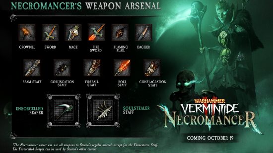 Armes Warhammer Vermintide 2 - Liste des armes compatibles avec la nouvelle carrière Sienna, y compris les nouveaux ajouts Ensorcelled Reaper et Soulstealer Staff.