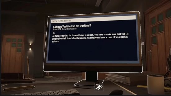 Una pantalla de computadora que confirma que una caja fuerte de Payday 3 debe ser desbloqueada por un sistema de dos personas.