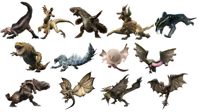 Una selección de monstruos que vendrán en la versión de lanzamiento de Monster Hunter Now, presentados en formato cuadrícula.