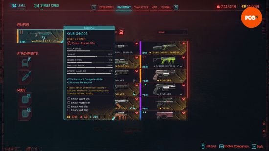 Meilleur pistolet Cyberpunk 2077 Phantom Liberty : un écran de menu d'armes