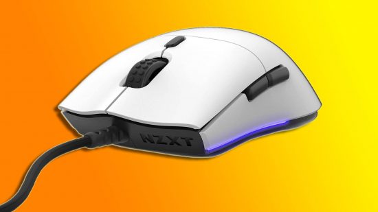 El mejor mouse CS2: aparece un mouse NZXT Lift blanco sobre un fondo naranja y amarillo.