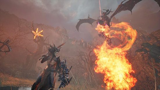 Un giocatore vestito con armi e armature di fascia alta aspetta mentre un drago a tre teste sputa fuoco contro di lui.