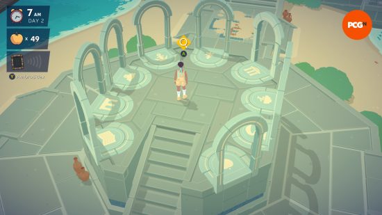 Aperçu de Mythwrecked : Alex se tient sur un sanctuaire mystérieux caractérisé par un cercle de portes, chacune avec une étrange icône à leur entrée.