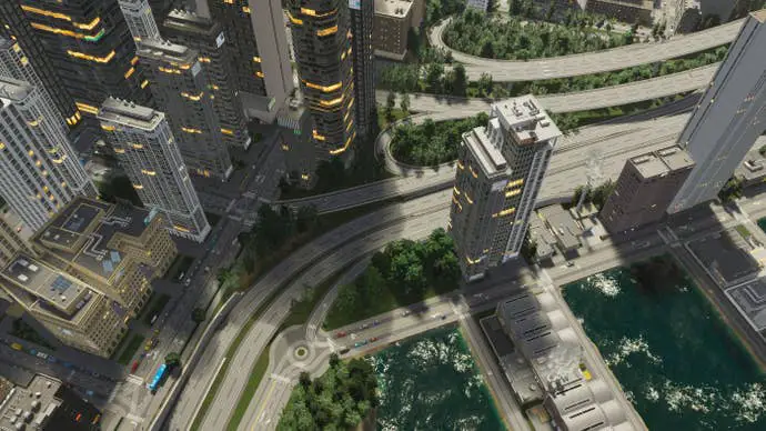 Letecký snímek města v Cities Skylines 2