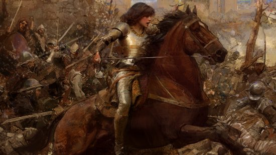 Age of Empires 4 The Sultans Ascend - Jeanne d'Arc, une guerrière française en armure complète à cheval lors d'une bataille.