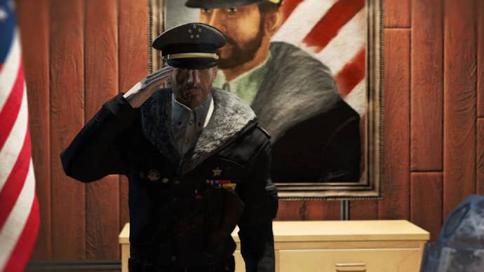 Un personaje de America Rising 2 en Fallout 4.
