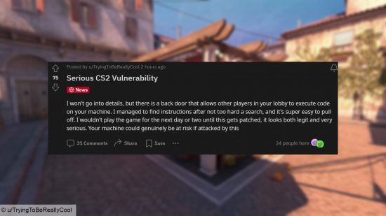 Un comentario de Reddit que afirma que una enorme vulnerabilidad en el código fuente de CS2 permite a los jugadores obtener y acceder a datos de otras computadoras.