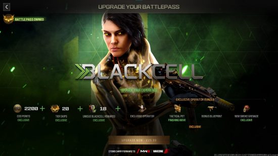 La mise à niveau vers l'écran Blackcell dans le pass de combat MW3, affichant le skin d'opérateur exclusif et d'autres récompenses.