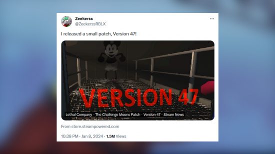 Un tweet avec une image montrant Mickey Mouse à l'arrière d'un niveau de Lethal Company. 