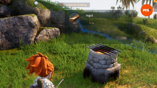 Un jugador mira un horno en el que se han forjado cuatro lingotes de Palworld.