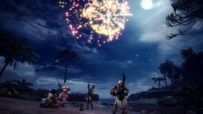 Charaktere schauen sich in Monster Hunter World ein Feuerwerk an.
