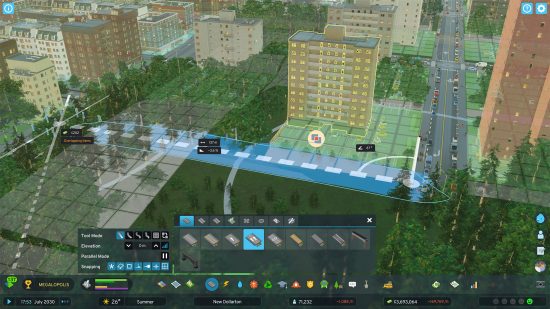 Mods Cities Skylines 2: una construcción de miniciudad, en la que se muestran los contornos de las zonas residenciales.