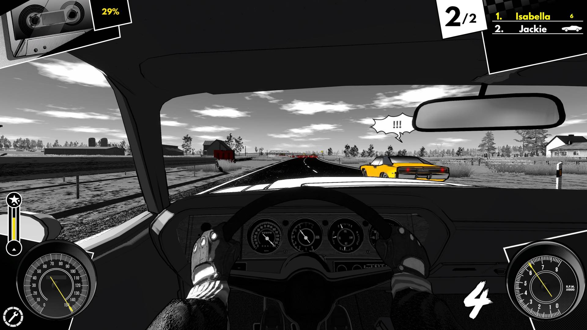 Il pilota ottiene un successore spirituale in questo nuovo gioco di corse Steam: un'auto in bianco e nero che corre contro un'auto gialla su una strada aperta in bianco e nero.