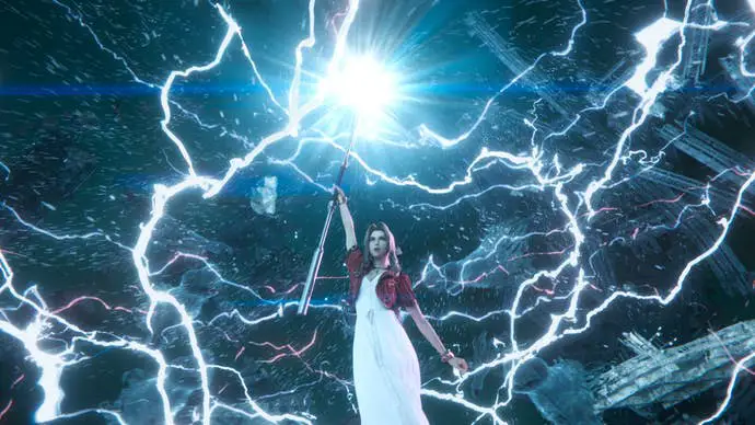 Aerith, in Final Fantasy 7 Rebirth, evoca una potente magia del fulmine.