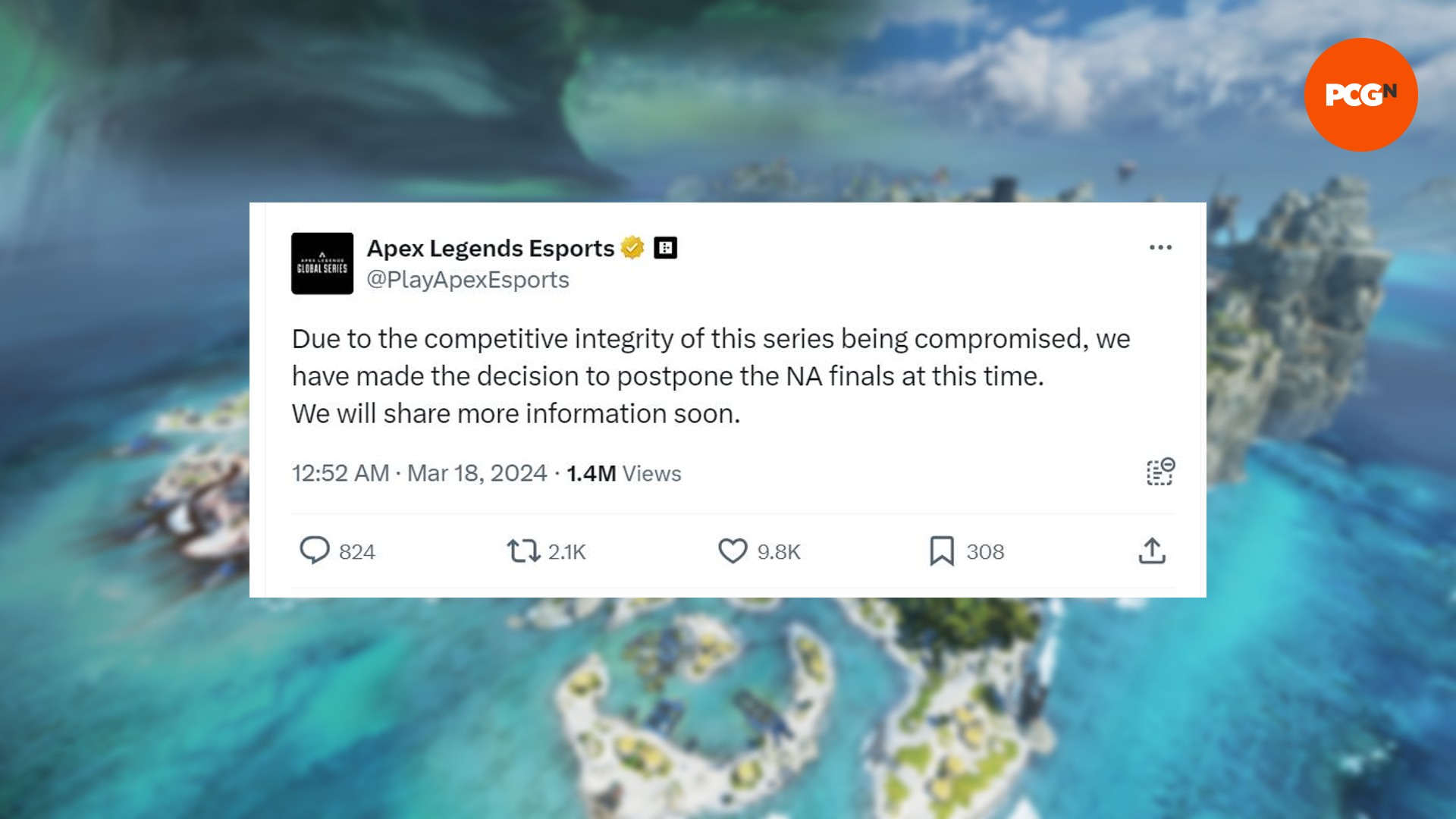 Ein Kommentar vom Twitter-Account von Apex Legends, in dem es um die Entscheidung geht, die ALGS NA Finals aufgrund von Bedenken hinsichtlich der Wettbewerbsintegrität zu verschieben.