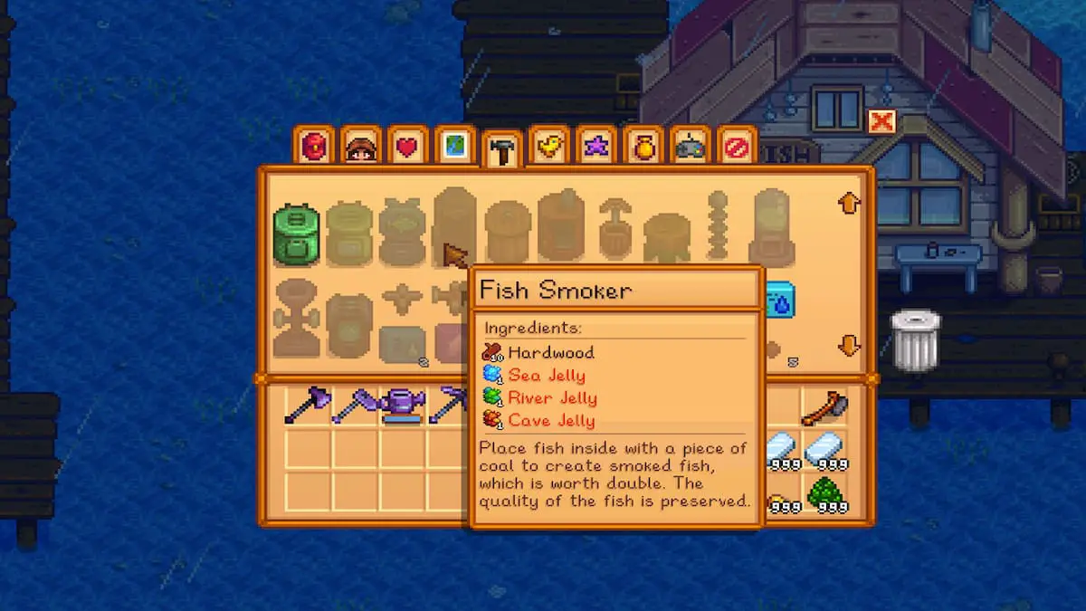 Otevření crafting menu s receptem Fish Smoker