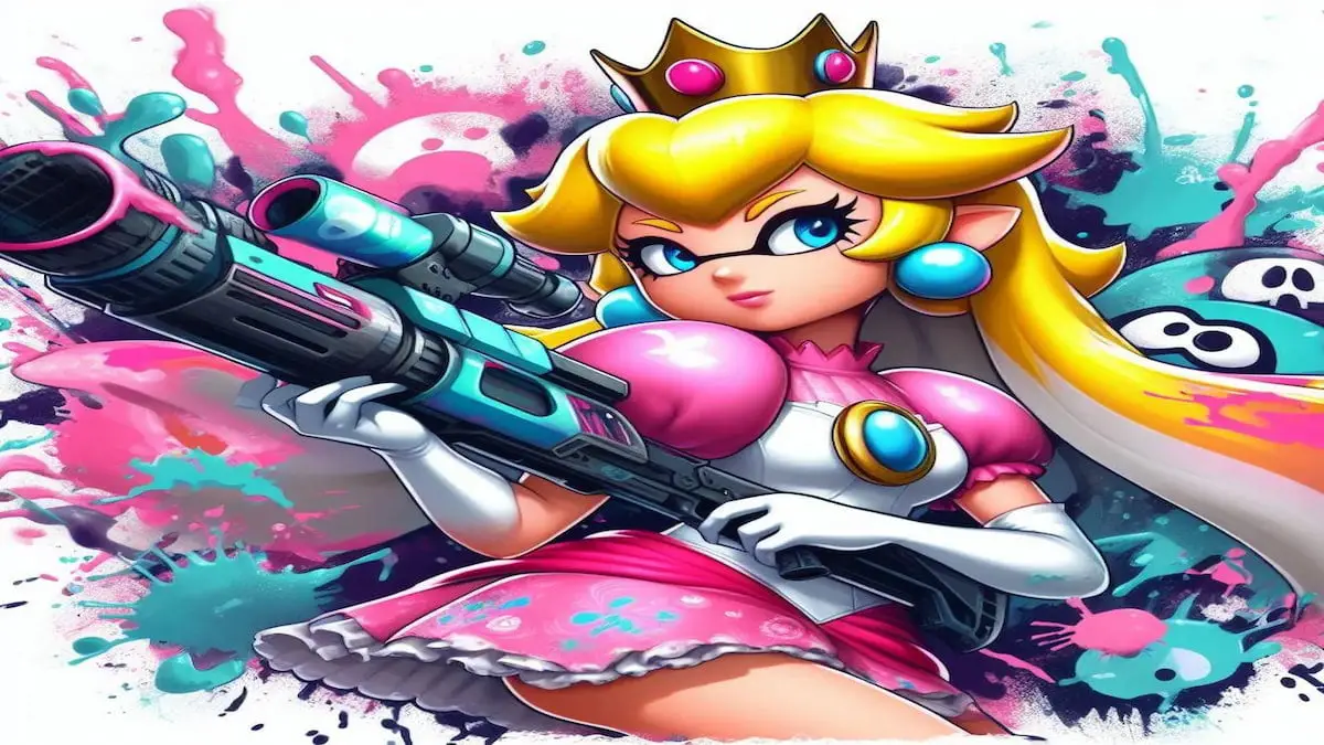 Art of Princess Peach jako postava ze Splatoon, cáká za sebou barvou a v rukou drží pistoli