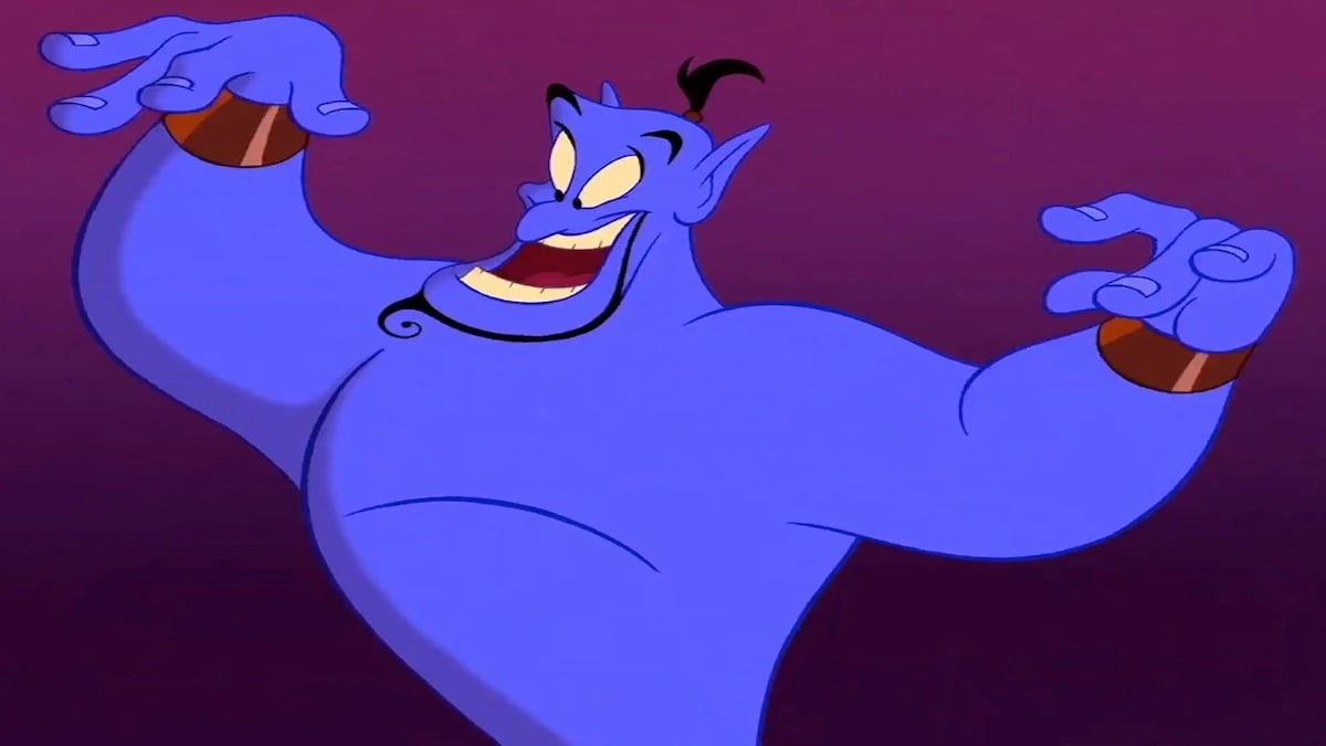 Dschinn aus Aladdin mit erhobenen Armen auf rotem Hintergrund