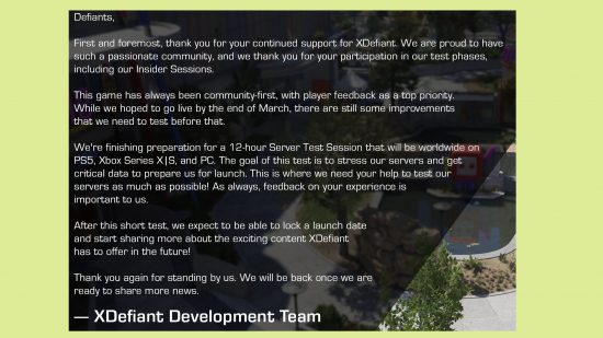 Test du serveur XDefiant 12 heures : Une image de la mise à jour XDefiant d'Ubisoft concernant la date de lancement du jeu.