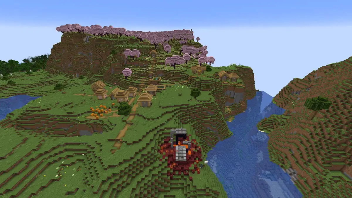 Vesnice Cherry Blossom se zničenou bránou v Minecraftu