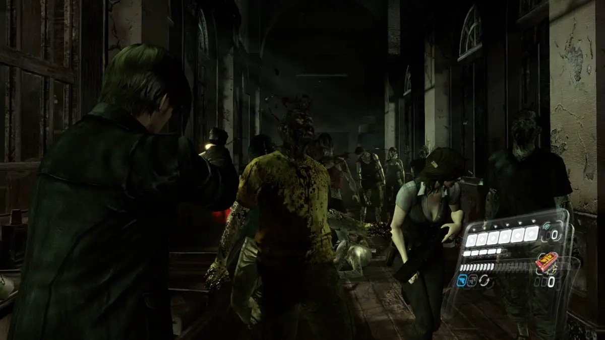 Léon und Helena kämpfen in einem Korridor gegen eine Horde Zombies