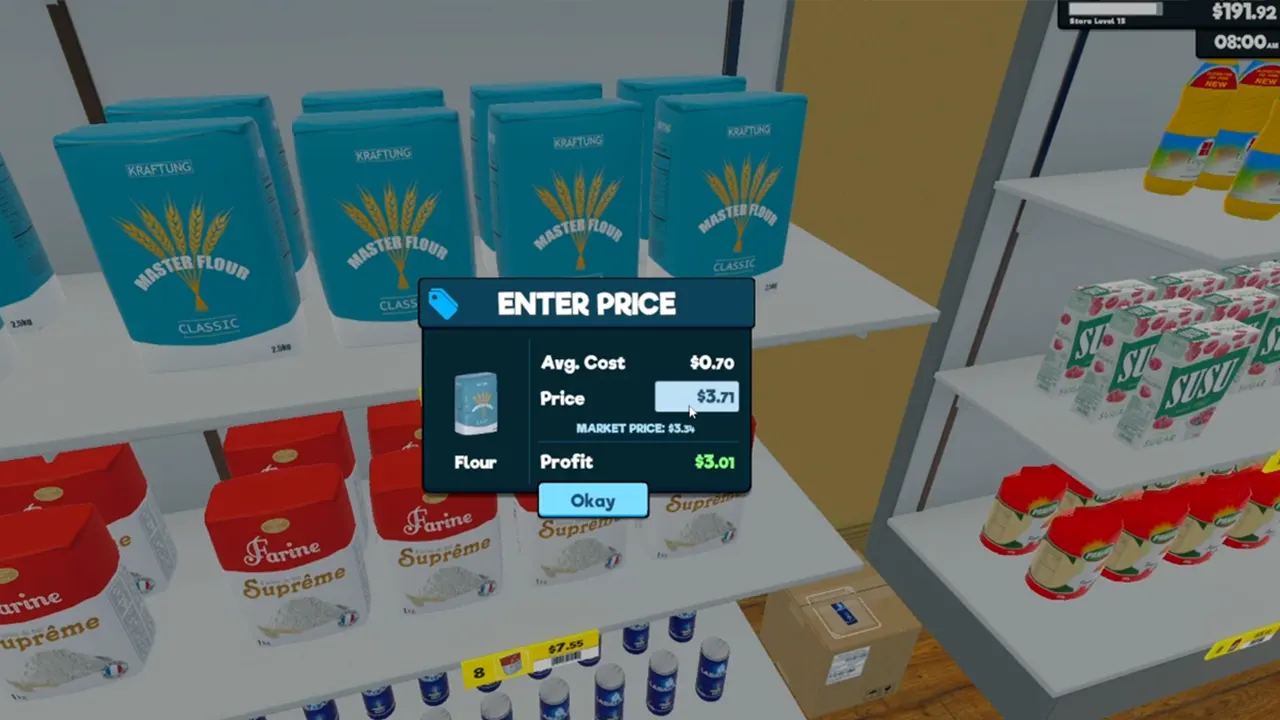 nastavte správné ceny, abyste přilákali více zákazníků v Supermarket Simulator